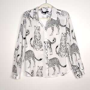 Jane + Delancey Button Up Blouse Cheetah Tiger Print White Black M Artsy